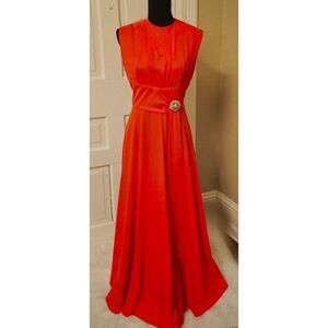 Stunning Vintage Coral Red Maxi Gown with Rhinestone Brooch Detail